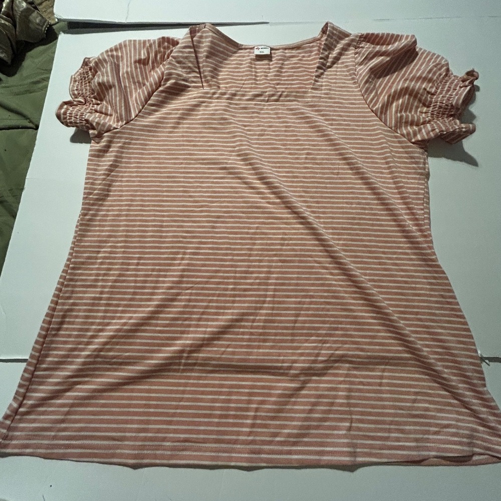 Womens XXL Pink White Striped Square Neck Puff Smocked Sleeve Top NWOT Preppy